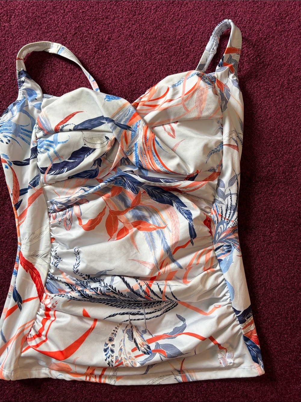 Floral Ruched Tankini Top in White with wCoral & Navy